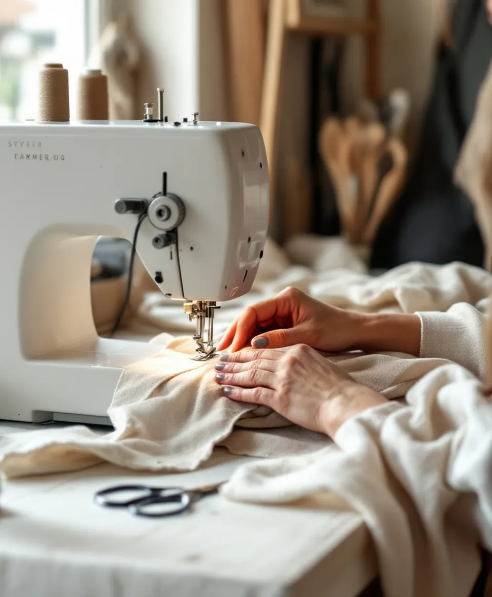 Mãos de costureira costurando linho na máquina de costura