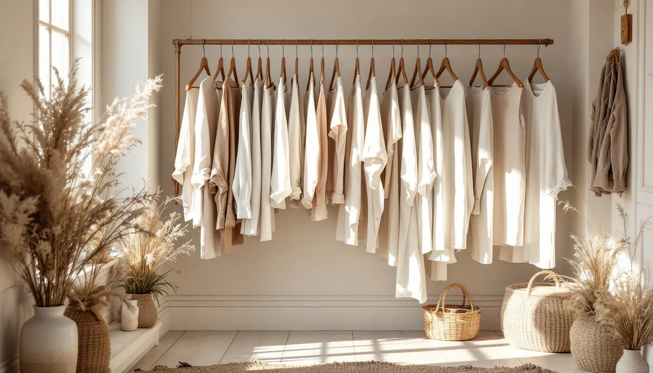 Interior de loja com roupas de linho em araras de madeira