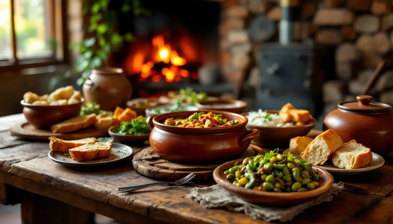 Mesa com panelas de barro e pratos típicos da cozinha mineira
