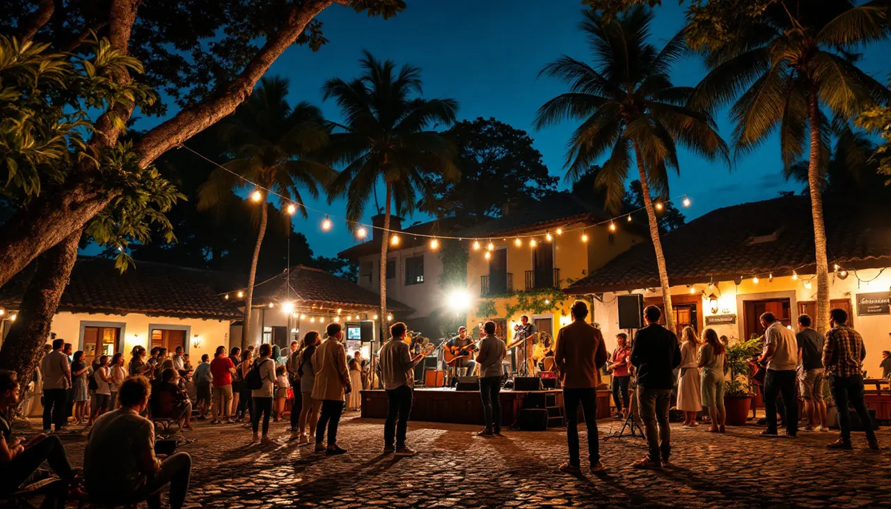 Show acústico em praça com luzes penduradas à noite