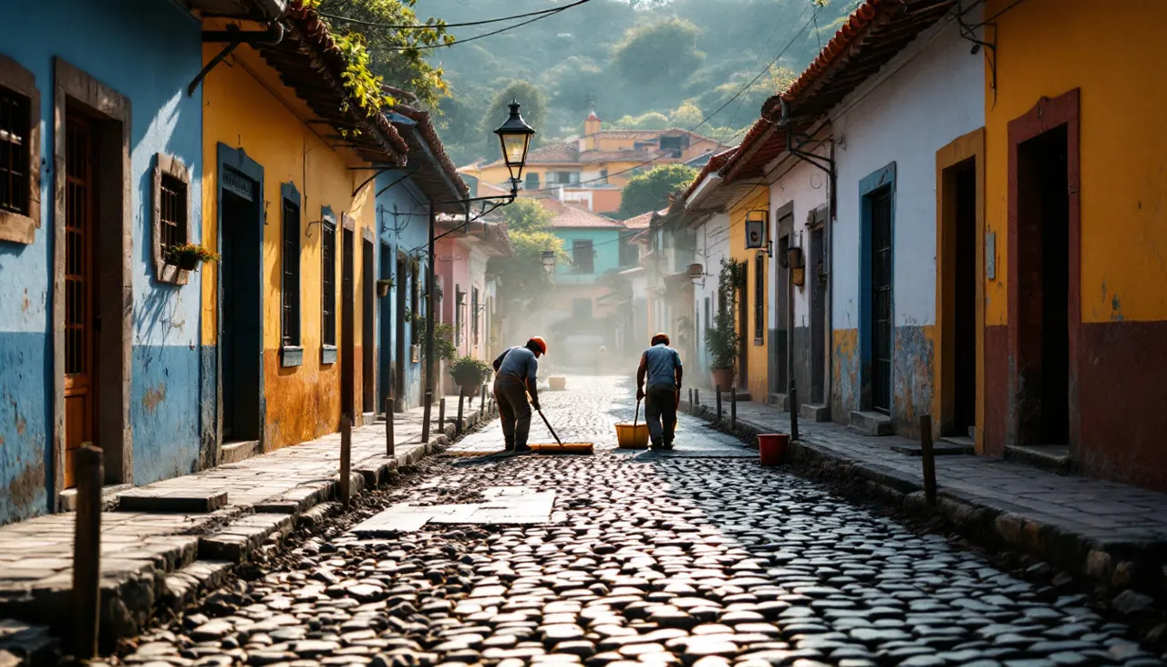 Trabalhadores refazem o calçamento de pedra de uma rua com casarões coloridos