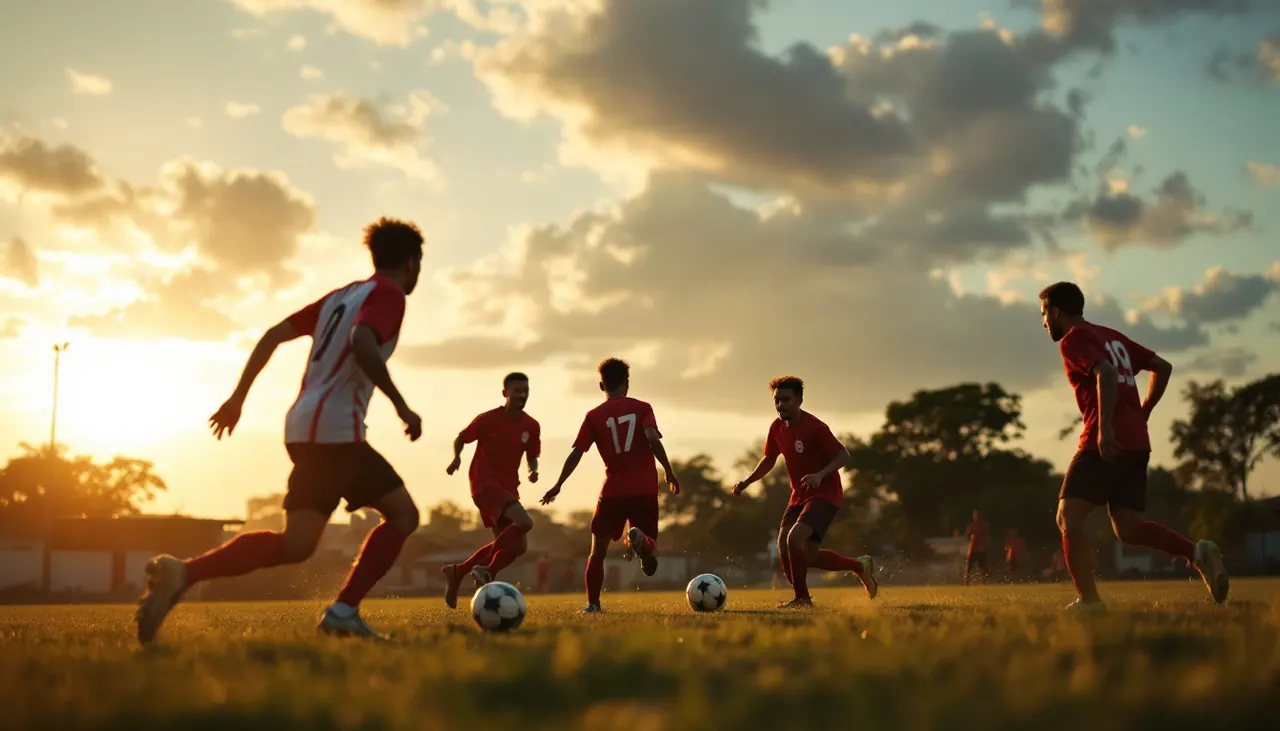 Partida de futebol amador ao pôr do sol
