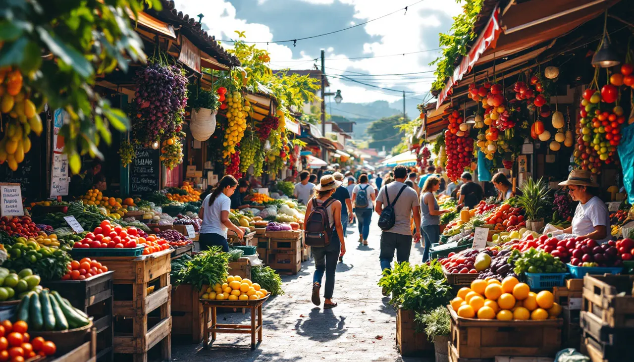 Barracas de frutas e verduras em feira livre na praça