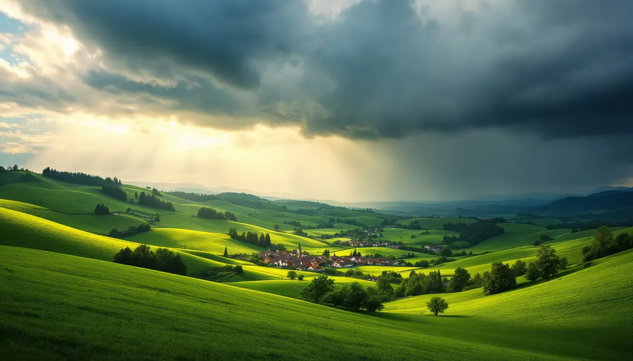 Nuvens de chuva sobre morros verdes