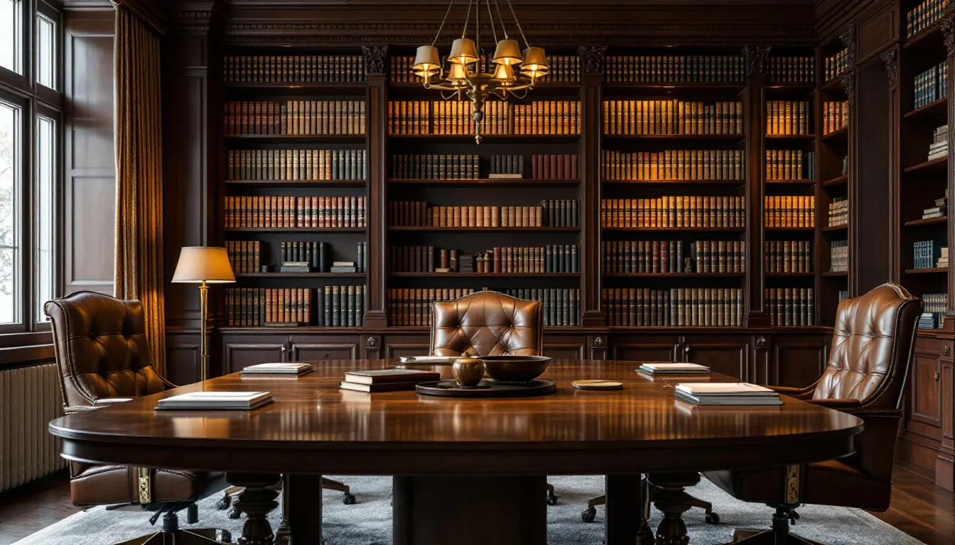 Sala de reuniões com estantes de livros jurídicos e mesa de madeira