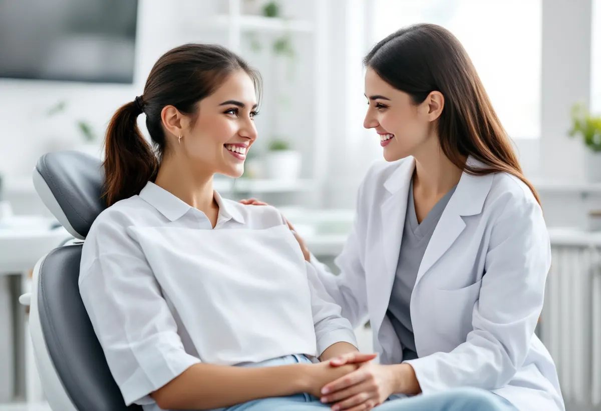 Paciente sorrindo conversando com a dentista na cadeira odontológica