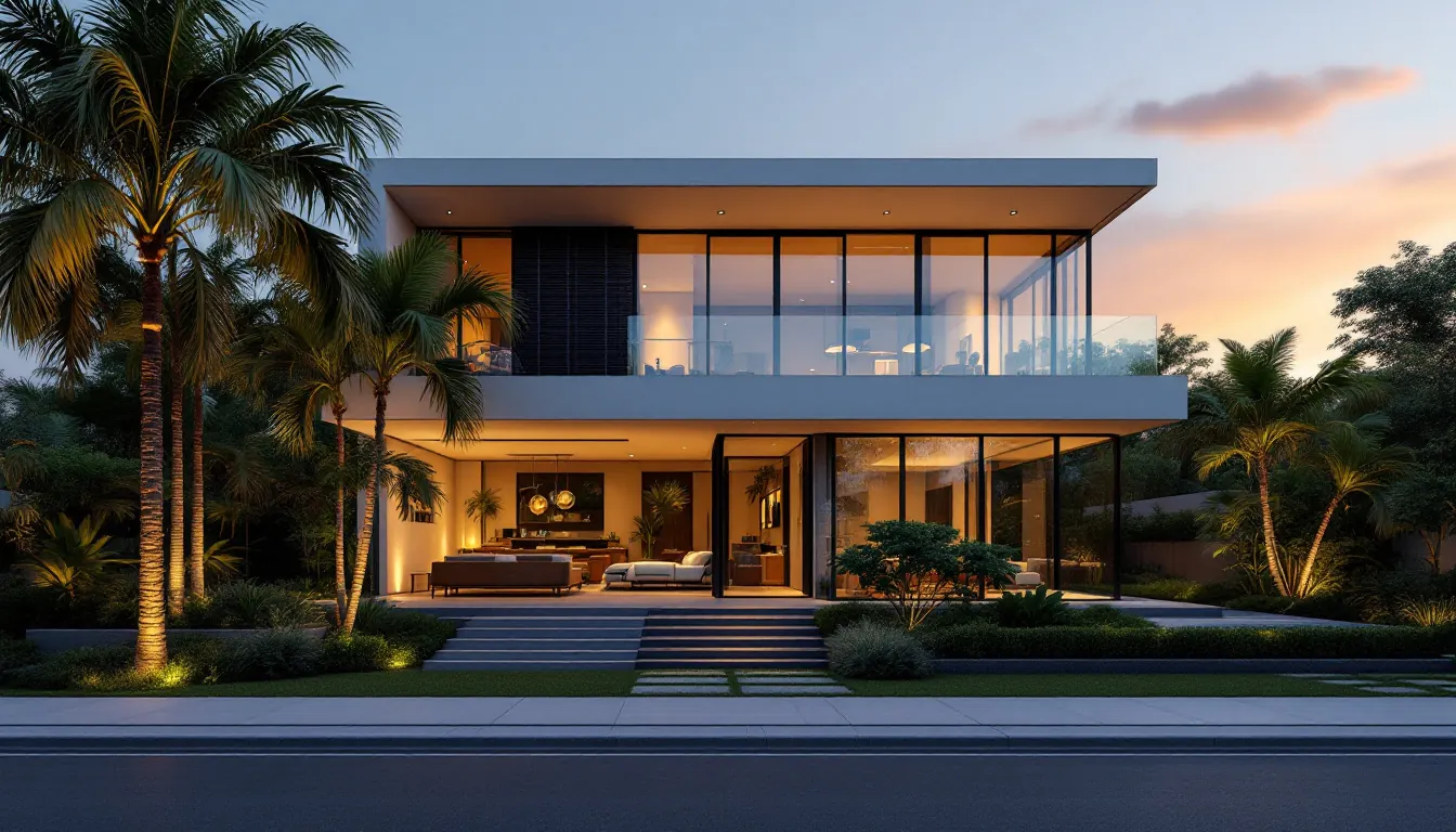 Fachada de casa moderna com jardim ao entardecer