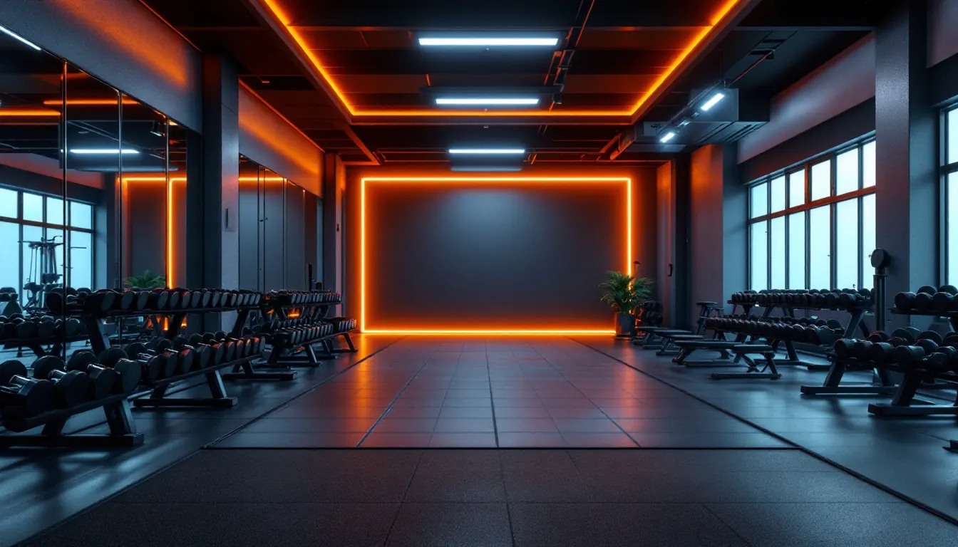 Salão de musculação moderno com luzes laranja